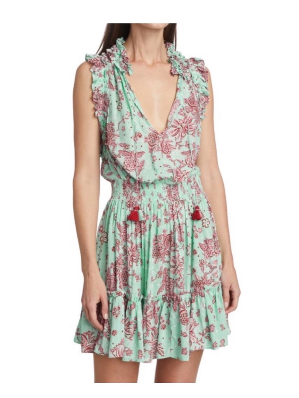 Poupette St. Barth Aqua and Pink Floral Ruffle Mini Dress Size S